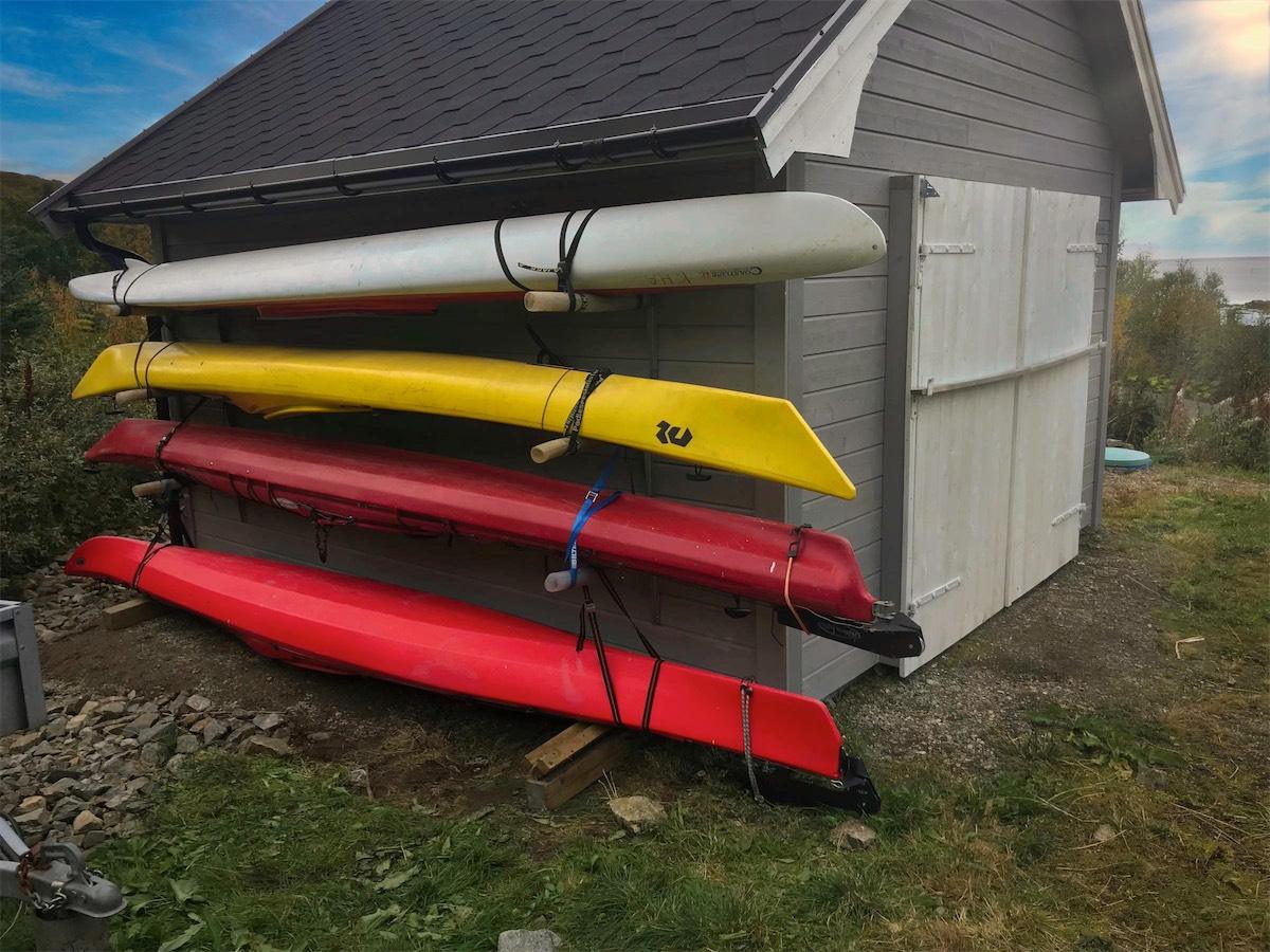 Sea kayaks on a rack